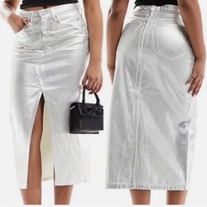 Abercrombie & Fitch Metallic Silver Midi Denim Skirt